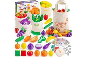 SEMKOTREE Kaufladen Zubehör Holz, Spiellebensmittel Kinderküche Zubehör, Kaufmannsladen Zubehör mit Spielgeld Euro Scheine und Münzen, Rollenspielzeug für Jungen Mädchen 3 Jahren