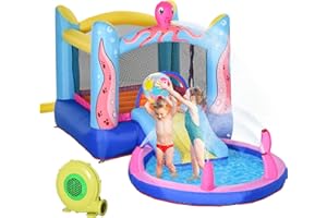 Outsunny 3 in 1 Kids Bouncy Castle with Slide and Pool Trampoline, Inflatable Water Park with Blower for Kids Age 3-8 Octopus Design 3.6 x 1.75 x 1.8m