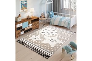 TAPISO Fiesta Tappeto Cameretta Bambina Bambino Bimbi Neonato Beige Stelle Nuvola Gioco Morbido Pelo Corto 80 x 150 cm