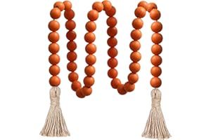 Meplait 39in Wood Bead Garland with Tassels, Farmhouse Rustic Decor Prayer Beads Boho Tassel Garland Wall Hanging Home Decor (Orange)