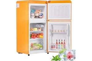 Oslghy Frigorífico Mini 60L, Frigorifico Pequeño con Congelador (22L+38L), Frigorifico Combi con LED luz, 88,8x45,5x42 cm Frigorífico no Frost con Estantes Ajustables, 102 kWh/año, -27°C∽13°C (Yellow)