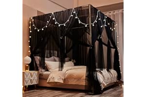Nattey 4 Corners Post Canopy Bed Curtains - 4 Opening Bed Canopy Drapes Double Layer Cozy Drape Netting for Girls & Adults- Bedroom Decoration (Full, Black)