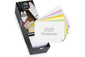 ‎OFFICETREE OfficeTree 1000 Karteikarten Set A8 - Liniert, Kariert, Blanco und Bunt - Lernkarten Mit Box für Englisch Vokabeln, Formeln und Notizen