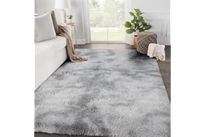 SOANNY Living Room Area Rug, 90x150 cm Small Soft Fluffy Tie-Dyed Shag Carpet, Non-Slip Washable Rug for Bedroom, Dorm, Kids Room, Lounge, Light Grey