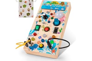 BatdTech Planche Busy Board, Montessori en Bois avec 8 Interrupteurs et 19 LED, Jeu Montessori Cadeau Bébé 2 3 4 Ans, Motricité Bébé Jouet éducatif Sensoriel pour Garçons Filles