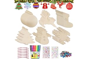 JOKILY Decoración de árbol de Navidad de madera, 158 unidades, juego de manualidades para pintar de madera, colgante de decoración navideña, copo de nieve, ángel, estrellas, farolillo, forma de disco de