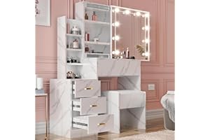 Blisswood Dressing Table with Mirror and Stool, Vanity Desk with 4 Drawer 3 open Storage Shelves and 3 Hidden Shelves with LED Bulbs, Modern Makeup Table for Bedroom & Living Room (Marble White)