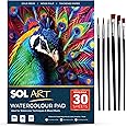 SOL 30 Sheets Watercolour Paper A4 Pad with 6pk Watercolour Brushes, A4 Watercolour Paper Pad for Artist and Beginner, Watercolour Sketchbook A4 for Art, Perfect Watercolour Painting Paper