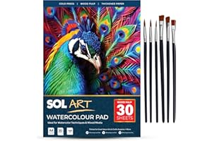 SOL 30 Sheets Watercolour Pad with 6pk Versatile Brushes - A4 Size Paper for Artists and Beginners, Durable Sketchbook for Painting and School Arts & Crafts Projects, Perfect for Kids and Adults DIY