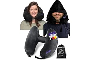 ‎LUNAP lunap Nackenkissen Flugzeug Aufblasbar mit Kapuze | Reisekissen Aufblasbar in H-Form | Nackenhörnchen Erwachsene Gr. L | Nackenkissen Aufblasbar mit 3 Zügen | Reisekissen Flugzeug Kissen Schwarz