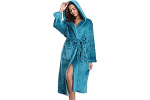 Vlazom Ladies Dressing Gown, Flannel Soft Robe Warm Fluffy Bathrobes with Hooded or Shawl Collar Long Robe for Cold Day UK 6-28