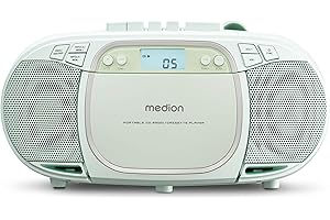 MEDION E66476 Sistema de Sonido estéreo (Boombox, Reproductor de CD, MP3, Casete, Reproductor de Casete portátil para niños, Radio FM, AUX, Auriculares, Toma de Corriente y batería) Verde