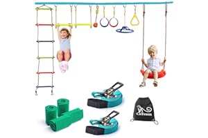 CATEAM Ninja SlackLine Backyard przeszkody szkoleniowe 15m Slackline – najbardziej kompletny zestaw wiszących barów małp dla dzieci z drabiną i huśtawką – przenośny sprzęt treningowy zestaw