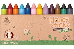 Honeysticks Super Jumbo Pastelli di cera (pacco da 12) - 100% cera d'api, colori alimentari, non tossici, per bambini 1-3 anni, infrangibili, extra-large, facili da tenere e usare, eco-compatibili