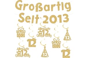 TASORAOR Deko 12 Geburtstag Girlande Junge Mädchen - Goldene 12. Geburtstagsdeko Banner und Hängende Wirbel, Glitzer Geburtstagsgirlande für 12 Jahre Kindergeburtstag Dekoration