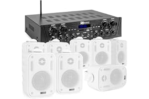 Power Dynamics Pack Sonorisation 4 Zones 400 Watts Bluetooth avec 8 Enceintes Blanches, Lecteur MP3 USB/SD, Radio FM, Entrées Micro, Télécommande - Kit Complet pour Multi‑Pièces, Restauration