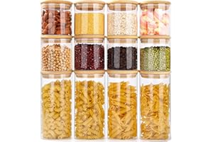 Otauoaea 12PCS Tarros de Cristal con Tapa, 4x 650ml + 8x 300ml - Botes Cocina Almacenaje - Tarros Cristal Hermeticos con Tapa Bambú - Frascos Vidrio para Pasta, Cereales, Legumbres, Café
