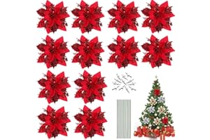 QUNKUN 12 stelle di Natale artificiali, fiori di Natale, decorazioni per albero di Natale, ghirlande di nozze, fiori artificiali di Natale con 12 steli e clip (rosso 12)