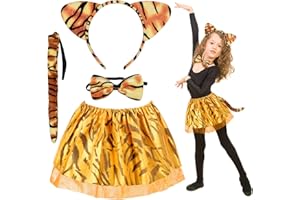 HONMOK 4 Piece Girls Tiger Costume, Tiger Outfit with Tutu Skirt, Tiger Ears Headband, Bowtie, Tail, Tiger Fancy Dress for 3-10y Kids Carnival World Book Day Birthday Party Masquerade