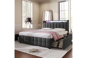 Kayan Polsterbett mit USB Ladefunktion und LED-Kopfteil und 4 Schubladen, Doppelbett 180x200cm Stauraumbetten Jugendbett Bettgestell, Lattenrost aus Holz, Ohne Matratze (180x200cm, Grau)