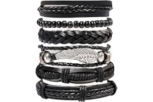 YUBBYSTU 6 pièces Bracelet en cuir tressé Punk Gothique Rock Manchette Multicouche Cordon Vintage Longueur Réglable Bracelets en Cuir Tressé,Cordon Vintage Homme Femme