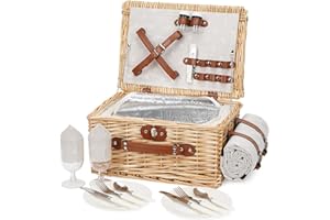 BIRDSINYARD Picknickkorb für 2 Personen, Picknickkorb-Set mit Kühlfach und wasserdichte Picknickdecke, Besteck Set, Handgefertigtes Weidenkorb Picknick Korb Geschenk für Camping, Strand, Wandern (Weiße Blume)
