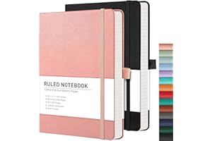 RETTACY Notebook A5 Lined Hardback 2 Pack - Thick Journal with 376 Numbered Paper, 2 Free Sticky Notes Divider,100gsm Paper,8 Perforated Sheets, Pen Loop, Inner Pocket, 14.5 x 21cm（Black Pink)
