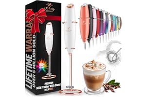 ZULAY KITCHEN Zulay Original Espumador de leche de mano para lattes - Batidor de bebidas para café, mini espumador para capuchino, matcha, chocolate caliente por Milk Boss(Blanco ejecutivo con soporte de oro rosa)