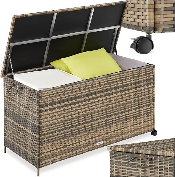 tectake® Auflagenbox 253 l, 116 x 54 x 64 cm, 2 drehbare Rollen mit Feststellbremse, Polyrattan mit Aluminiumrahmen, Polsterbox, Kissenbox für Gartenpolster Aufbewahrung, Aufbewahrungsbox - natur - 1