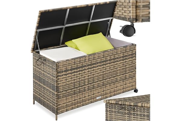 tectake® Coffre de rangement exterieur en rotin, 116 x 54 x 64 cm, Coffre de Jardin 253L, Structure en Aluminium, 2 Roulettes pivotantes, Frein de blocage, Meuble de rangement Jardin, Balcon, Terrasse