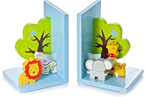 Mousehouse Gifts - Blue Safari Wooden Children's Bookends, Charming Kids' Room Decor for Boys & Girls