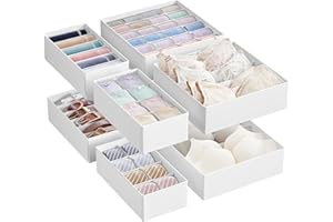SONGMICS Set of 8 Underwear Drawer Organisers, Drawer Dividers, Foldable, for Bras Undies Socks Ties, Fabric Storage Boxes for Closet Wardrobe Shelves, Cloud White RUS008W01