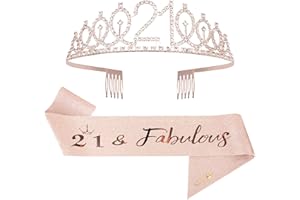 Mikccer Rose Gold 21st Birthday Sash and Tiara - Rhinestone Crown Headband for Gifts, Decoration Party Accessories for Girls Women
