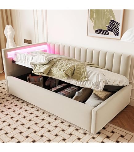 RIAZOS Polsterbett Schlafsofa 90x200 Cm - Ausziehbett Mit LED, USB & Stauraum, Samtig Dunkelgrau