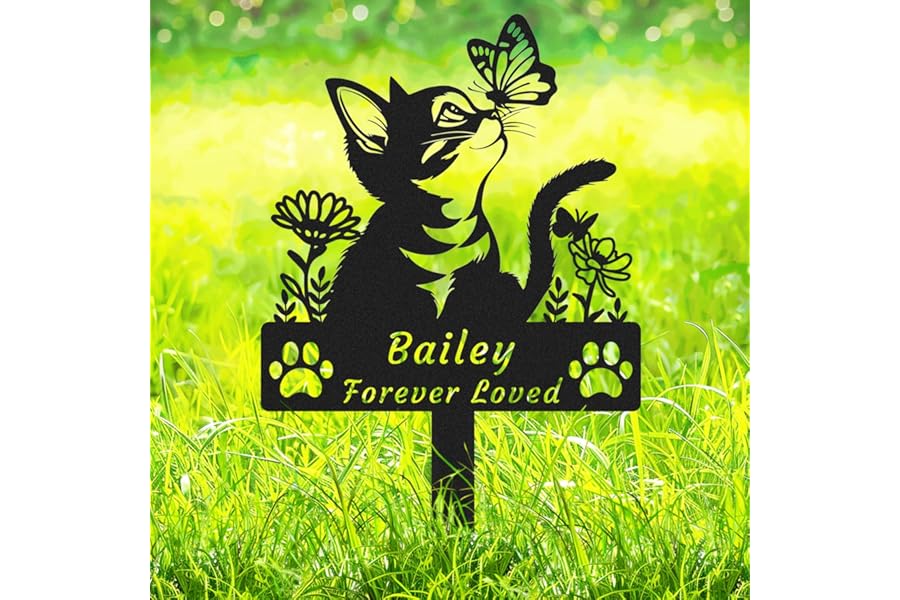 AdtHYUxq Personalized Cat Memorial Grave Marker with Paws, Custom Metal Butterfly Cat Memorial Stake, Customized Flowers Cat Silhouette Statue for Yard Lawn Pet Memorial Plaque Garden Decor Sign
