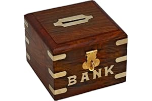 Ajuny Ręcznie wykonana drewniana skarbonka Sheesham z mosiężnymi akcentami - zamykany zatrzask - 10 x 10 x 10 cm - inspirowany stylem vintage drewniany pojemnik na pieniądze/monety - dla dzieci i