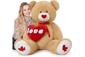 MorisMos 130cm Orso Peluche Gigante con Love, XXL Orsacchiotto Peluche Grande Marrone Chiaro Kawaii Orsetto Pupazzo Gigante Teddy Bear Regalo per Bambino Fidanzata Natale Compleanno San Valentino