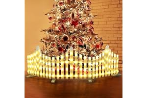 panthem LED Christmas Tree Fence, 5 Pack 1.75 Meter Lighted Christmas Decorative Fences White Plastic Picket 8 Modes DIY Connectable Garden Fence for Pets Christmas Tree