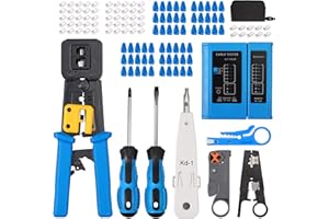 EYPINS Zestaw narzędzi do zaciskania RJ45 zestaw naprawczy sieci do RJ11/RJ12/CAT5/CAT6/Cat5e, tester konserwacji komputera LAN zestaw naprawczy sieci kablowej ze złączem przewodowym, obcinacz do usuwania