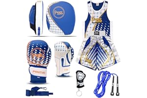 PSS Ensemble Boxe Enfants 3-14 Ans 6 Pièces Short & Débardeur + Gants Boxe Enfants 4Oz + 2 Pattes d’Ours + Accessoires, Bleu, Rouge ou Noir, Ensemble Boxe Enfant Muay Thai Kickboxing Boxe Anglaise