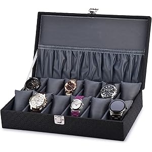 Galaxy Craft Elegant 12-Slot Watch Box Organizer – Premium PU Leather Storage Case with Lock, Pocket & Removable Cushions
