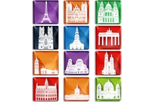 Berkin Arts 12 pezzi di magneti per frigorifero in vetro cristallo quadrato, forte magnetico, adesivi frigo Edifici europei Guida ai viaggi All'aperto Veduta della città europea