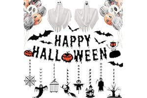 BORIYA Halloween Decorations Set - Halloween Party Balloons Kit with Orange/Black Balloons,Hanging Ghosts,3D Bats,Halloween Banner and Halloween Hanging Decoration,Indoor Halloween Decor Pack for Home,Office