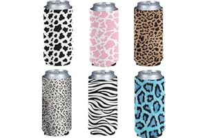 Jeiento Set of 2 Can Sleeve for Soda Drink Beer Soft Foldable Slim Beer Can Sleeve Insulated Can Cooler Animal Cow/Leopard/Zebra Print for School Office Beach Travel