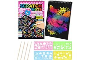 MELLIEX Scratch Art Notes per Bambini, Set di 2 Blocco da Disegno Arcobaleno Scratch Paper con 4 Penne Stilografiche in Legno e 4 Righelli da Disegno per Disegni, Giochi e Scrittura