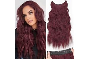 PORSMEER Extensiones de pelo largo ondulado con banda elástica, color rojo oscuro, invisible, 4 clips en extensiones de pelo, sintéticas, postizos invisibles para mujeres, 50 cm (rojo vino)