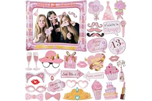 ORUZA 13th Birthday Photo Booth Props, 33 PCS 13th Funny DIY Birthday Party Props and Pink Gold Inflatable Selfie Frame, Birthday Party Decorations for Women Men