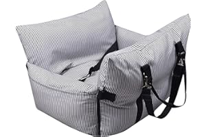 VERCART Siège de Voiture pour Chiens Petits et Moyens Chiens Siège Avant Siège Arrière Lit de Chien pour Voiture, avec Laisse de Sécurité à Clip et Sac de Rangement, Rayures Bleu Marine 52x52x40cm