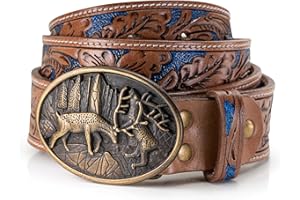 SCHÖNEBERGER TRACHTEN COUTURE Leonard Tradycyjny skórzany pasek, ręcznie wykonany, unikalny tradycyjny skórzany pasek z klamrą z jelenia, ręcznie rzeźbiony, dwukolorowy skórzany pasek do spodni