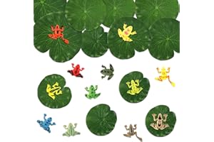 OOTSR 24 Pack Mini Realistic Frog Toys and Artificial Lily Pads, Includes 12 Pack Plastic Frog Figures Toys with 12 Pack Floating Foam Lotus Leaves for Kids Playing Party Favor Pool Decor